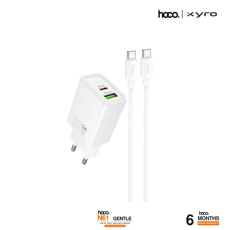 Hoco N61 Gentle 20W PD & QC3.0 Dual-Port Charger with Type-C to Type-C Cable (EU Plug)