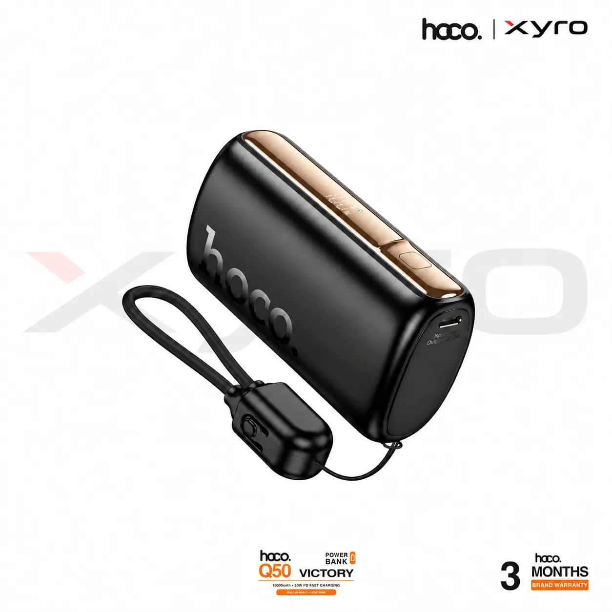 HOCO Q50 Victory 10000mAh 20W PD Fast Charging Power Bank with Built-In USB-C & Lightning Cables