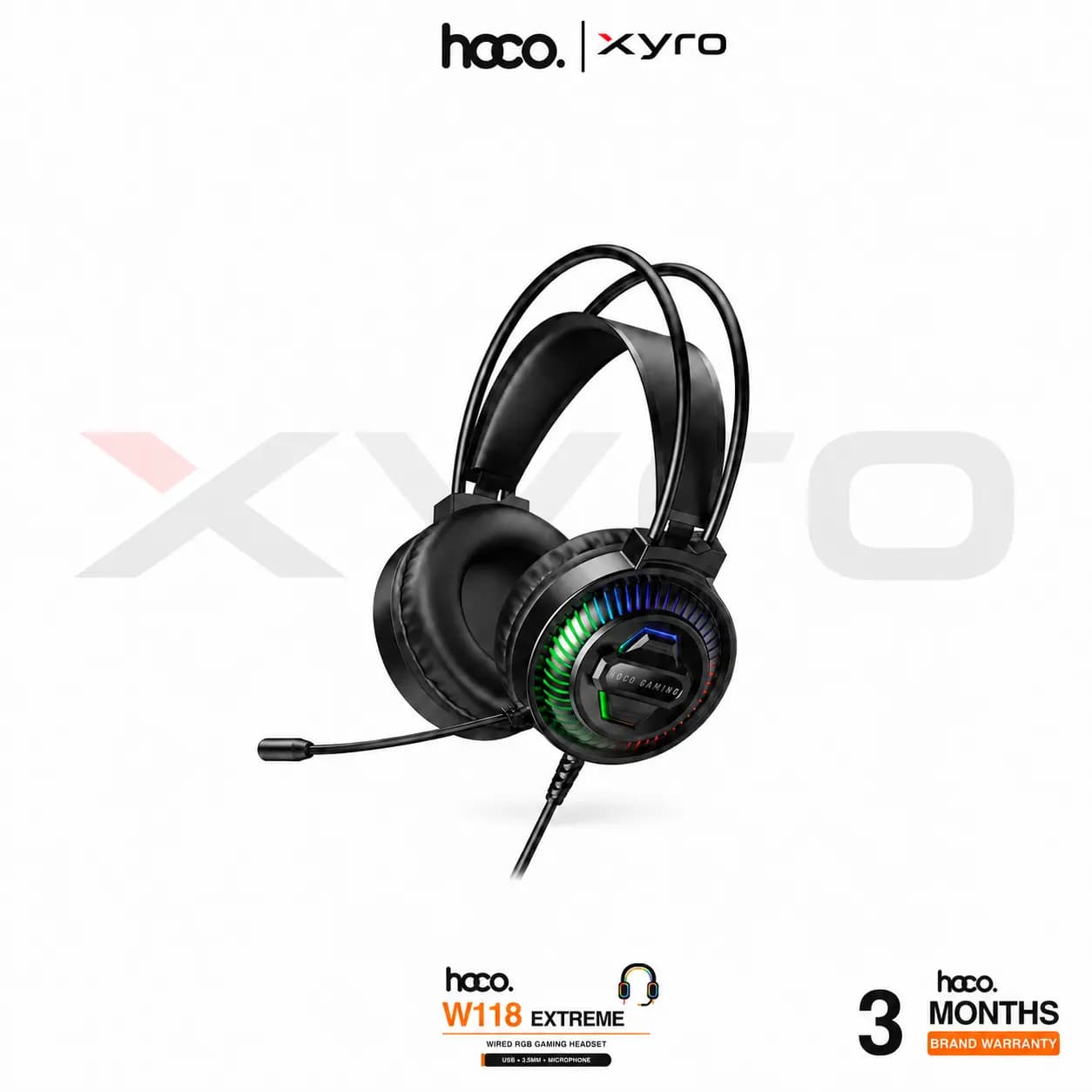HOCO W118 Extreme Wired RGB Gaming Headset with Microphone (USB + 3.5mm)