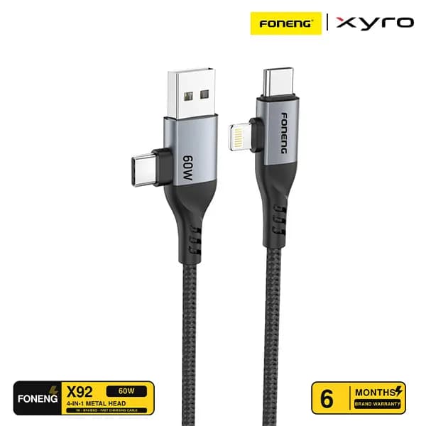 FONENG X92 60W 1M 4-in-1 Metal Head Braided Fast Charging Cable