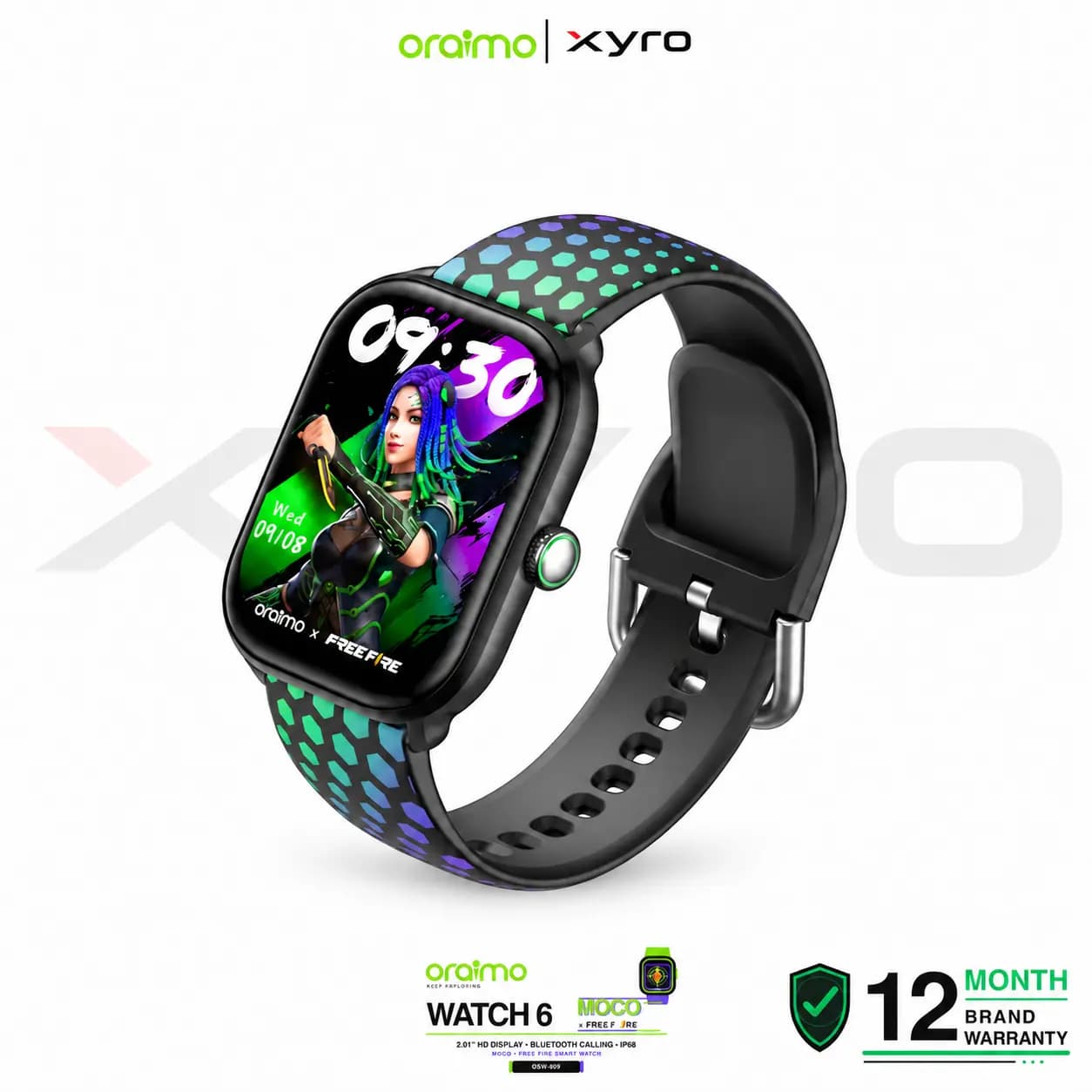Oraimo Watch 6 MOCO X Free Fire 2.01″ HD Bluetooth Calling IP68 Smart Watch (OSW-809)
