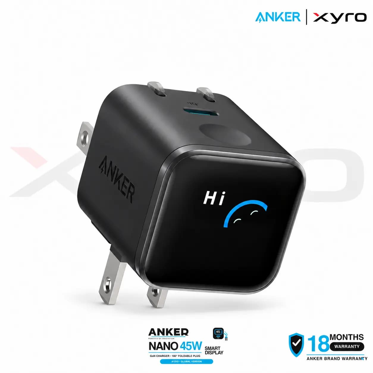 Anker Nano 45W Smart Display GaN Charger with 180° Foldable Plug (A121D) – Global Version